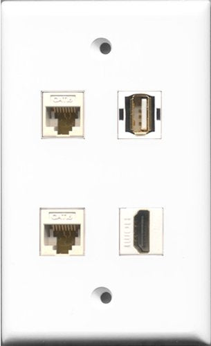 RiteAV 1 Port HDMI and 1 Port USB A-A 2 Port Cat6 Ethernet White Wall Plate