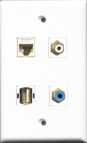 RiteAV 1 Port RCA White and 1 Port RCA Blue and 1 Port USB A-A and 1 Port Cat6 Ethernet White Wall Plate