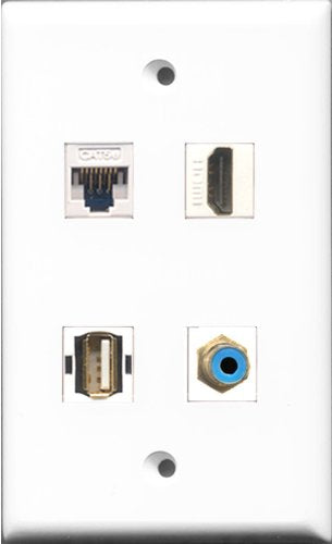 RiteAV 1 Port HDMI and 1 Port RCA Blue and 1 Port USB A-A and 1 Port Cat5e Ethernet White Wall Plate