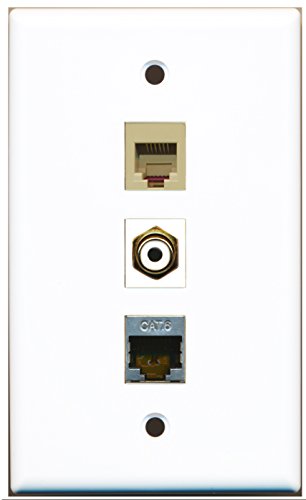 RiteAV - 1 Port RCA White and 1 Port Phone RJ11 RJ12 Beige and 1 Port Shielded Cat6 Ethernet Wall Plate
