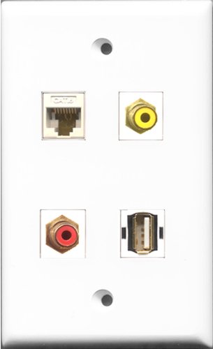 RiteAV 1 Port RCA Red and 1 Port RCA Yellow and 1 Port USB A-A and 1 Port Cat6 Ethernet White Wall Plate