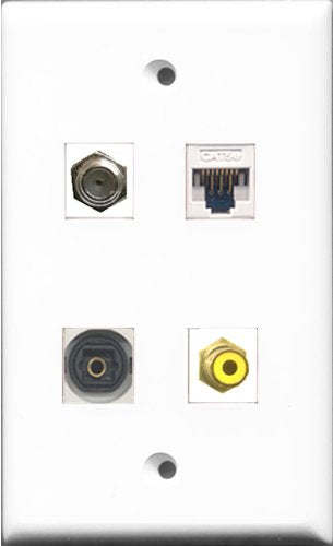 RiteAV 1 Port RCA Yellow and 1 Port Coax Cable TV- F-Type and 1 Port Toslink and 1 Port Cat5e Ethernet White Wall Plate