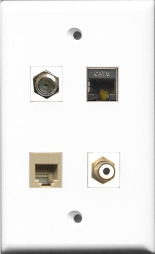 RiteAV 1 Port RCA White and 1 Port Coax Cable TV- F-Type and 1 Port Phone RJ11 RJ12 Beige and 1 Port Shielded Cat6 Ethernet Wall Plate