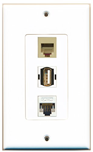 RiteAV - 1 Port USB A-A and 1 Port Phone RJ11 RJ12 Beige and 1 Port Cat5e Ethernet White Decorative Wall Plate Decorative