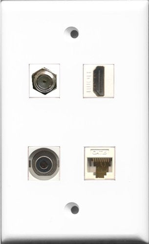 RiteAV 1 Port HDMI and 1 Port Coax Cable TV- F-Type and 1 Port 3.5mm and 1 Port Cat6 Ethernet White Wall Plate
