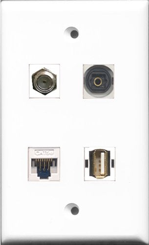 RiteAV 1 Port Coax Cable TV- F-Type and 1 Port USB A-A and 1 Port Toslink and 1 Port Cat5e Ethernet White Wall Plate