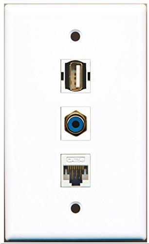 RiteAV - 1 Port RCA Blue and 1 Port USB A-A and 1 Port Cat5e Ethernet White Wall Plate