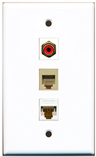 RiteAV - 1 Port RCA Red and 1 Port Phone RJ11 RJ12 Beige and 1 Port Cat6 Ethernet White Wall Plate