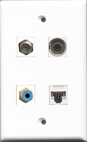 RiteAV 1 Port RCA Blue and 1 Port Coax Cable TV- F-Type and 1 Port 3.5mm and 1 Port Cat5e Ethernet White Wall Plate