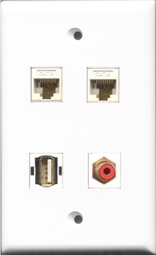 RiteAV 1 Port RCA Red and 1 Port USB A-A 2 Port Cat6 Ethernet White Wall Plate