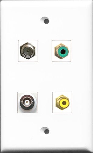 RiteAV 1 Port RCA Yellow and 1 Port RCA Green and 1 Port Coax Cable TV- F-Type and 1 Port BNC Wall Plate