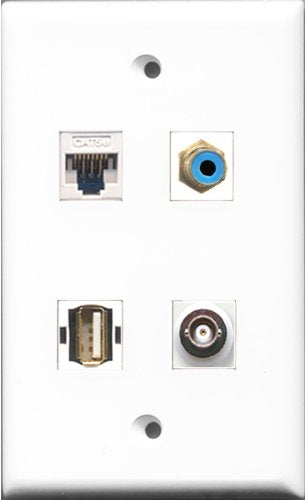RiteAV 1 Port RCA Blue and 1 Port USB A-A and 1 Port BNC and 1 Port Cat5e Ethernet White Wall Plate