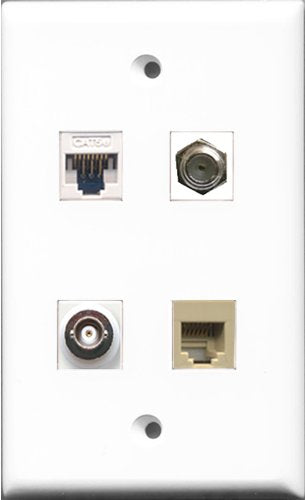 RiteAV - 1 Port Coax Cable TV- F-Type and 1 Port Phone RJ11 RJ12 Beige and 1 Port BNC and 1 Port Cat5e Ethernet White Wall Plate