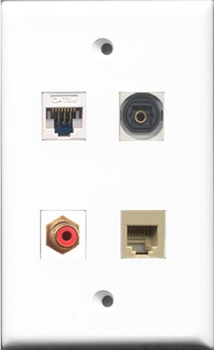RiteAV 1 Port RCA Red and 1 Port Phone RJ11 RJ12 Beige and 1 Port Toslink and 1 Port Cat5e Ethernet White Wall Plate