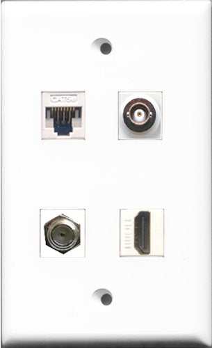 RiteAV - 1 Port HDMI and 1 Port Coax Cable TV- F-Type and 1 Port BNC and 1 Port Cat5e Ethernet White Wall Plate