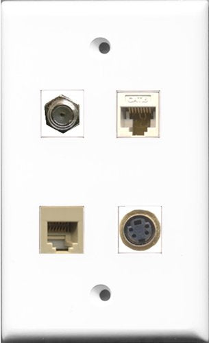 RiteAV 1 Port Coax Cable TV- F-Type and 1 Port Phone RJ11 RJ12 Beige and 1 Port S-Video and 1 Port Cat6 Ethernet White Wall Plate
