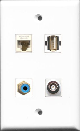 RiteAV 1 Port RCA Blue and 1 Port USB A-A and 1 Port BNC and 1 Port Cat6 Ethernet White Wall Plate