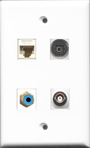 RiteAV 1 Port RCA Blue and 1 Port Toslink and 1 Port BNC and 1 Port Cat6 Ethernet White Wall Plate