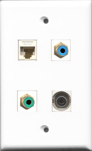 RiteAV 1 Port RCA Green and 1 Port RCA Blue and 1 Port 3.5mm and 1 Port Cat6 Ethernet White Wall Plate