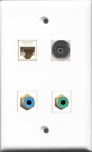 RiteAV 1 Port RCA Green and 1 Port RCA Blue and 1 Port Toslink and 1 Port Cat6 Ethernet White Wall Plate