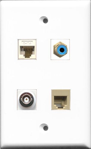 RiteAV 1 Port RCA Blue and 1 Port Phone RJ11 RJ12 Beige and 1 Port BNC and 1 Port Cat6 Ethernet White Wall Plate