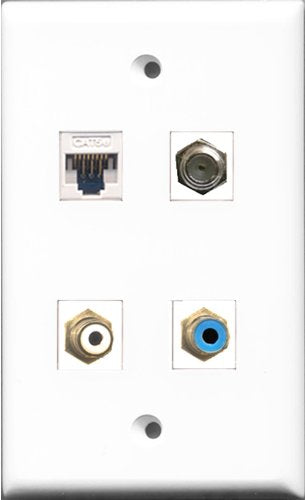 RiteAV - 1 Port RCA White and 1 Port RCA Blue and 1 Port Coax Cable TV- F-Type and 1 Port Cat5e Ethernet White Wall Plate