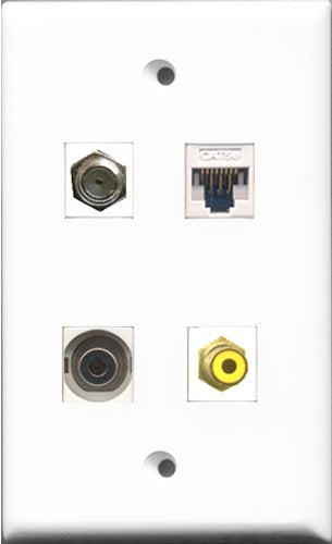 RiteAV 1 Port RCA Yellow and 1 Port Coax Cable TV- F-Type and 1 Port 3.5mm and 1 Port Cat5e Ethernet White Wall Plate
