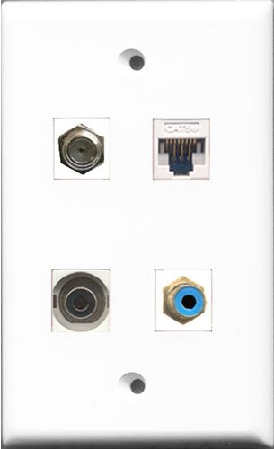 RiteAV 1 Port RCA Blue and 1 Port Coax Cable TV- F-Type and 1 Port 3.5mm and 1 Port Cat5e Ethernet White Wall Plate