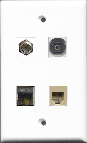 RiteAV 1 Port Coax Cable TV- F-Type and 1 Port Phone RJ11 RJ12 Beige and 1 Port Shielded Cat6 Ethernet and 1 Port Toslink Wall Plate