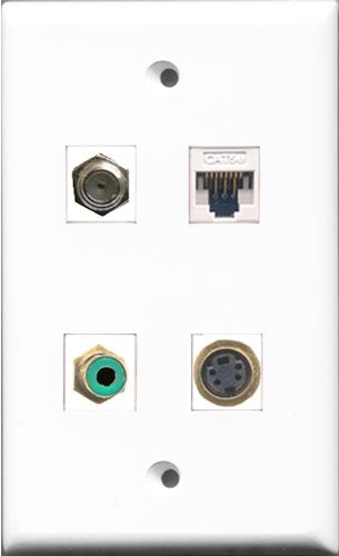 RiteAV 1 Port RCA Green and 1 Port Coax Cable TV- F-Type and 1 Port S-Video and 1 Port Cat5e Ethernet White Wall Plate