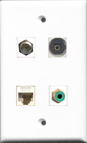 RiteAV 1 Port RCA Green and 1 Port Coax Cable TV- F-Type and 1 Port Toslink and 1 Port Cat6 Ethernet White Wall Plate