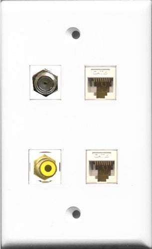 RiteAV 1 Port RCA Yellow and 1 Port Coax Cable TV- F-Type 2 Port Cat6 Ethernet White Wall Plate