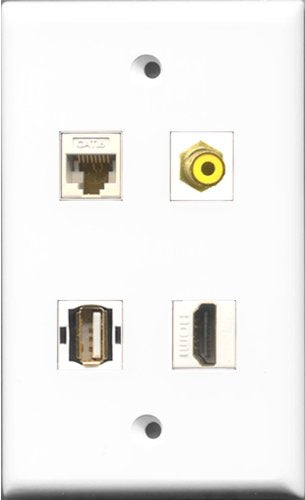 RiteAV 1 Port HDMI and 1 Port RCA Yellow and 1 Port USB A-A and 1 Port Cat6 Ethernet White Wall Plate
