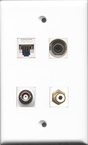 RiteAV - 1 Port RCA White and 1 Port 3.5mm and 1 Port BNC and 1 Port Cat5e Ethernet White Wall Plate