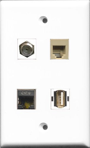 RiteAV 1 Port Coax Cable TV- F-Type and 1 Port USB A-A and 1 Port Phone RJ11 RJ12 Beige and 1 Port Shielded Cat6 Ethernet Wall Plate