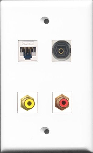 RiteAV 1 Port RCA Red and 1 Port RCA Yellow and 1 Port Toslink and 1 Port Cat5e Ethernet White Wall Plate