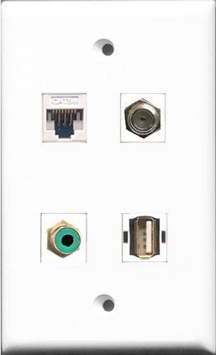 RiteAV - 1 Port RCA Green and 1 Port Coax Cable TV- F-Type and 1 Port USB A-A and 1 Port Cat5e Ethernet White Wall Plate