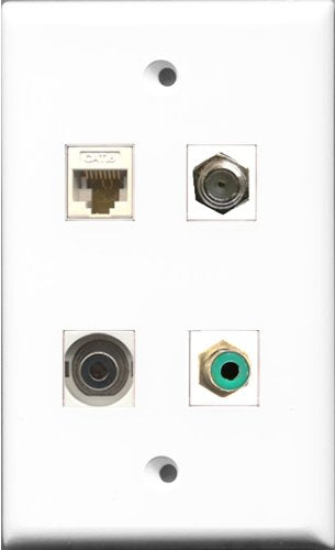 RiteAV 1 Port RCA Green and 1 Port Coax Cable TV- F-Type and 1 Port 3.5mm and 1 Port Cat6 Ethernet White Wall Plate