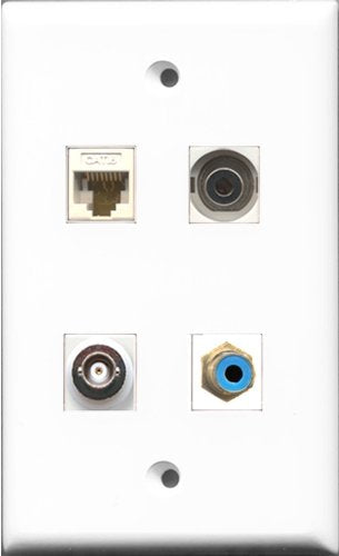 RiteAV 1 Port RCA Blue and 1 Port 3.5mm and 1 Port BNC and 1 Port Cat6 Ethernet White Wall Plate