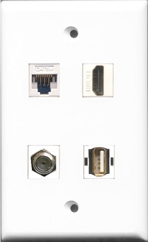 RiteAV - 1 Port HDMI and 1 Port Coax Cable TV- F-Type and 1 Port USB A-A and 1 Port Cat5e Ethernet White Wall Plate
