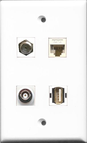 RiteAV 1 Port Coax Cable TV- F-Type and 1 Port USB A-A and 1 Port BNC and 1 Port Cat6 Ethernet White Wall Plate