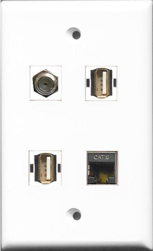 RiteAV 1 Port Coax Cable TV- F-Type 2 Port USB A-A and 1 Port Shielded Cat6 Ethernet Wall Plate