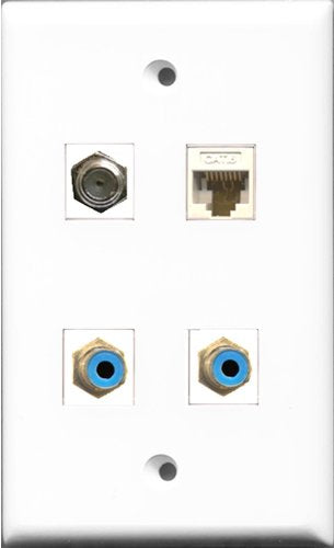 RiteAV - 2 Port RCA Blue and 1 Port Coax Cable TV- F-Type and 1 Port Cat6 Ethernet White Wall Plate
