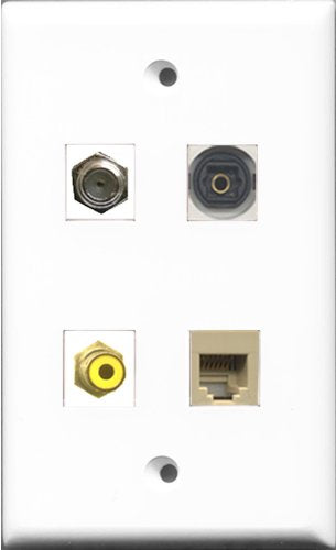 RiteAV 1 Port RCA Yellow and 1 Port Coax Cable TV- F-Type and 1 Port Phone RJ11 RJ12 Beige and 1 Port Toslink Wall Plate
