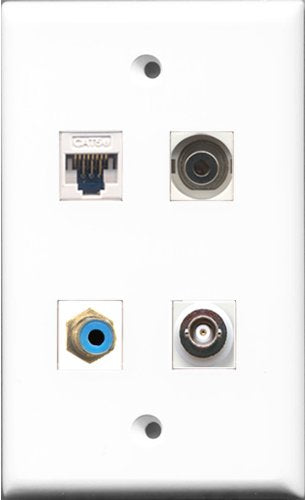 RiteAV - 1 Port RCA Blue and 1 Port 3.5mm and 1 Port BNC and 1 Port Cat5e Ethernet White Wall Plate