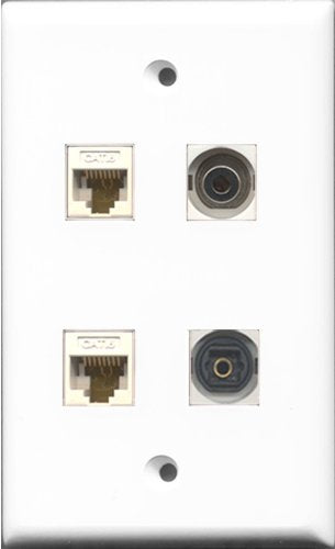 RiteAV 1 Port Toslink and 1 Port 3.5mm 2 Port Cat6 Ethernet White Wall Plate