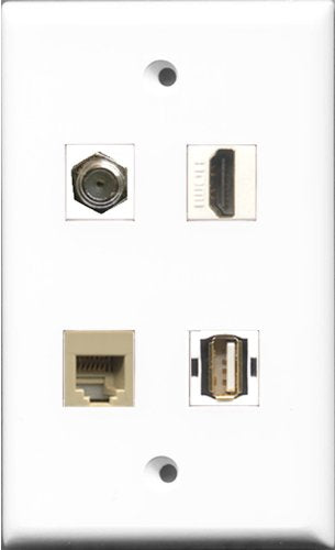 RiteAV 1 Port HDMI and 1 Port Coax Cable TV- F-Type and 1 Port USB A-A and 1 Port Phone RJ11 RJ12 Beige Wall Plate