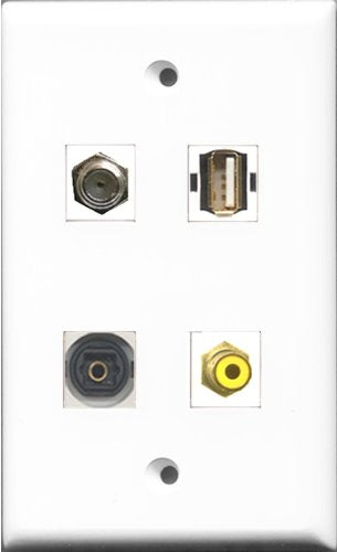 RiteAV 1 Port RCA Yellow and 1 Port Coax Cable TV- F-Type and 1 Port USB A-A and 1 Port Toslink Wall Plate