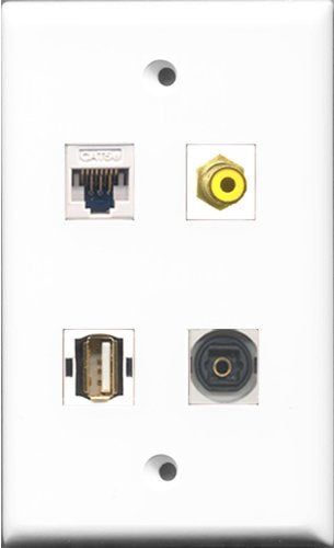 RiteAV 1 Port RCA Yellow and 1 Port USB A-A and 1 Port Toslink and 1 Port Cat5e Ethernet White Wall Plate