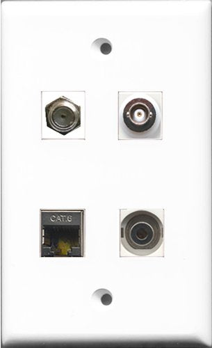 RiteAV 1 Port Coax Cable TV- F-Type and 1 Port Shielded Cat6 Ethernet and 1 Port 3.5mm and 1 Port BNC Wall Plate